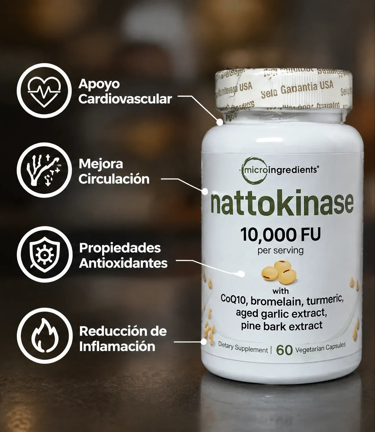 NATTOKINASE 10,000 FU - Apoyo Cardiovascular y Circulacion Saludable con CoQ10, Curcuma y Ajo Envejecido - 60 Capsulas