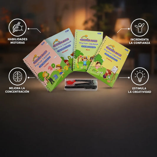 Kit de 4 Cuadernos Mágicos Reutilizables: Caligrafía, Matemáticas y Dibujo para Niños 📚✏️