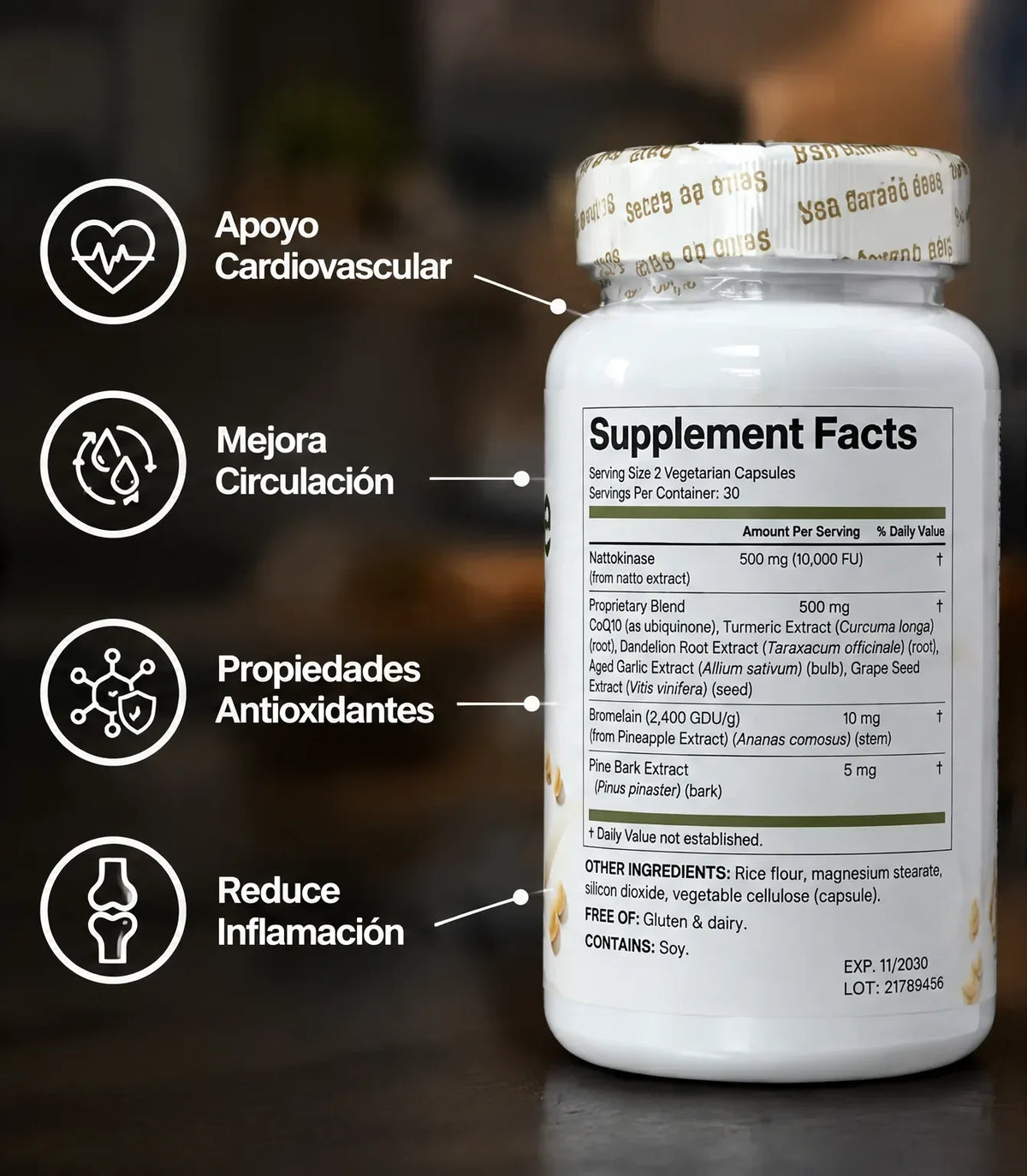 NATTOKINASE 10,000 FU - Apoyo Cardiovascular y Circulacion Saludable con CoQ10, Curcuma y Ajo Envejecido - 60 Capsulas